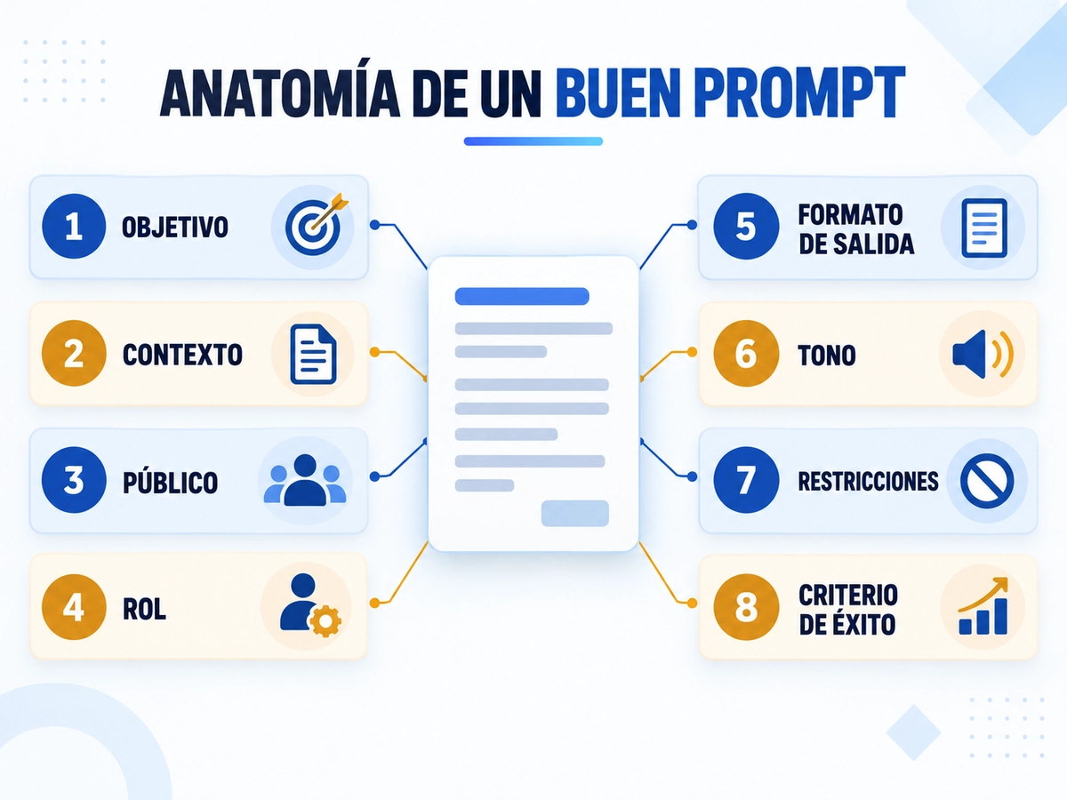 Anatomía de un buen prompt con sus ocho partes: objetivo, contexto, público, rol, formato de salida, tono, restricciones y criterio de éxito.